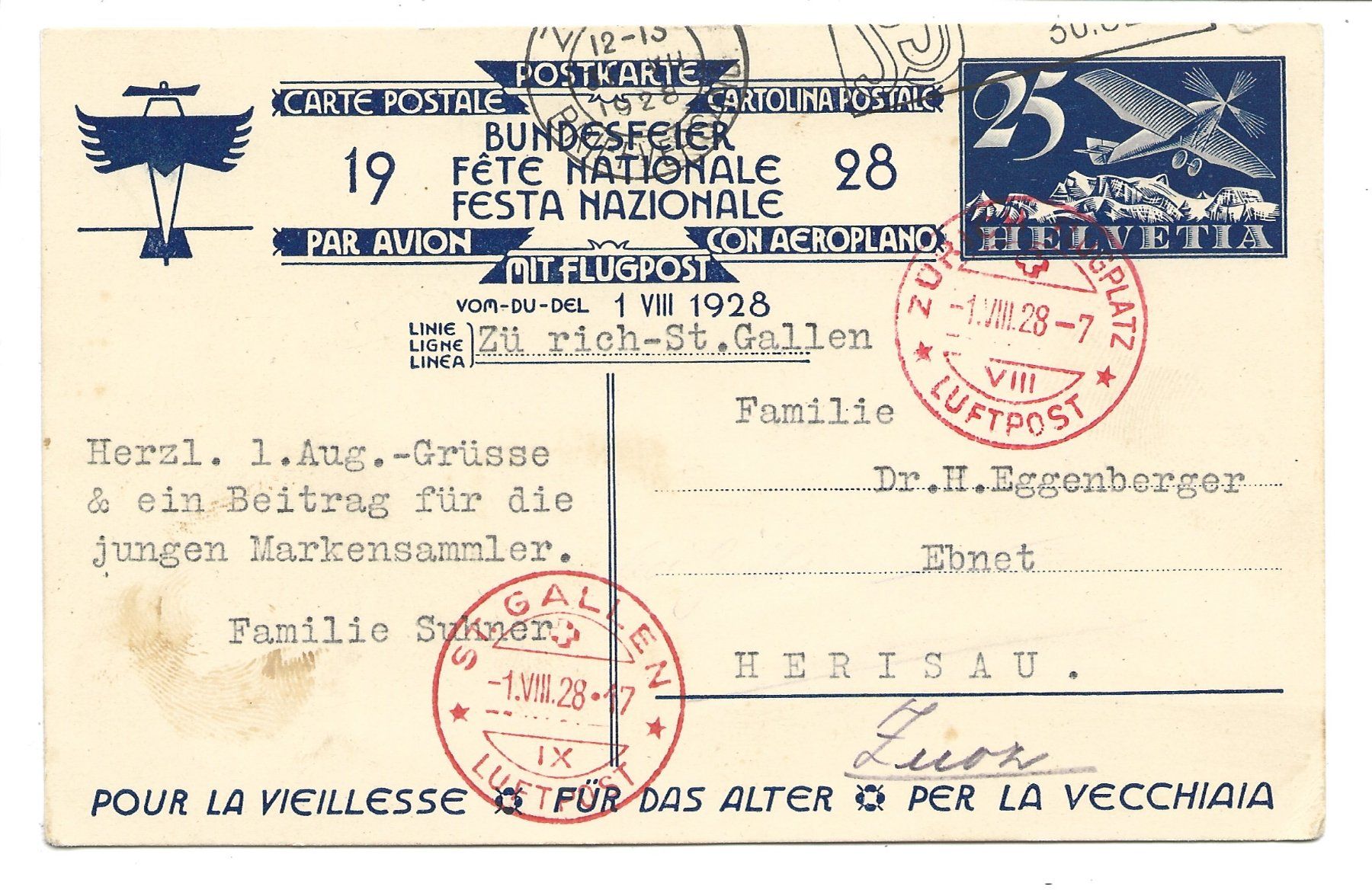 Cartoline postali: Bundesfeier 1928 - Alter Mann mit Mädchen - Luftpost - 1928 – Usato da Engelburg venduto da Cartophil 1