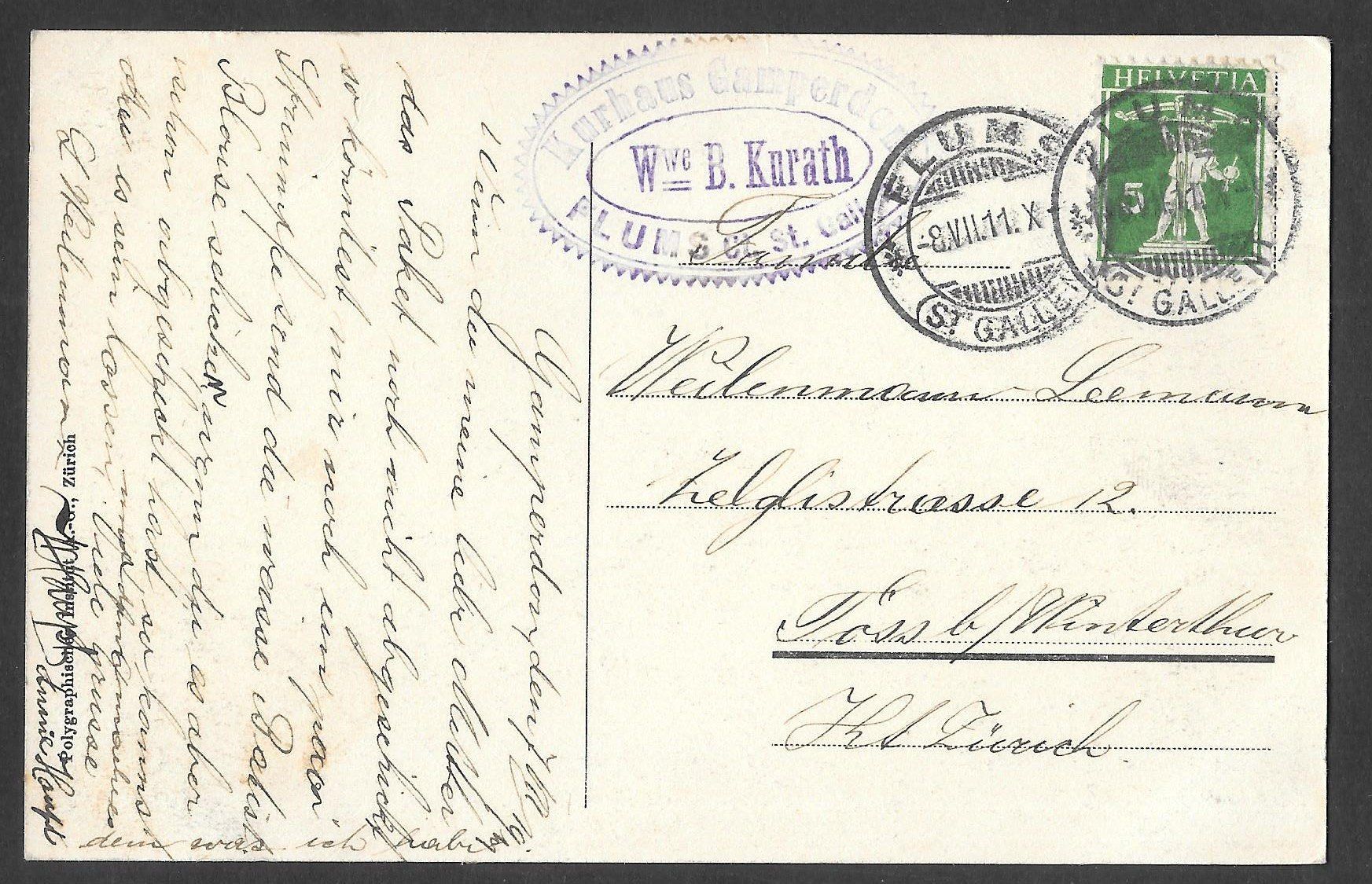 Cartoline postali: Flums Kurhaus Gamperdon mit Hotelstempel – Usato da Olten venduto da clotaldi 1
