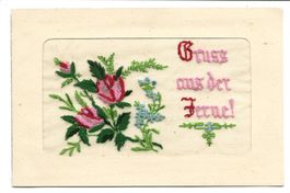Seidenkarte - gestickt - Gruss aus der Ferne - Rosen