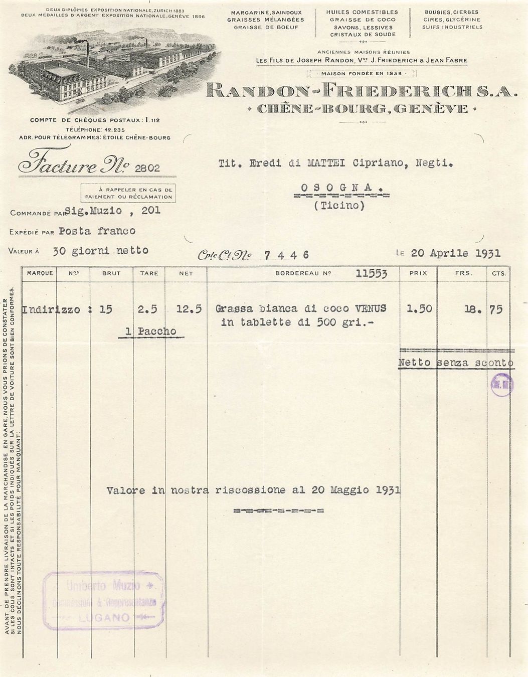Cartoline postali: Randon Friederich Geneve Lithographien Rechnung – Usato da Biasca venduto da Blenio71