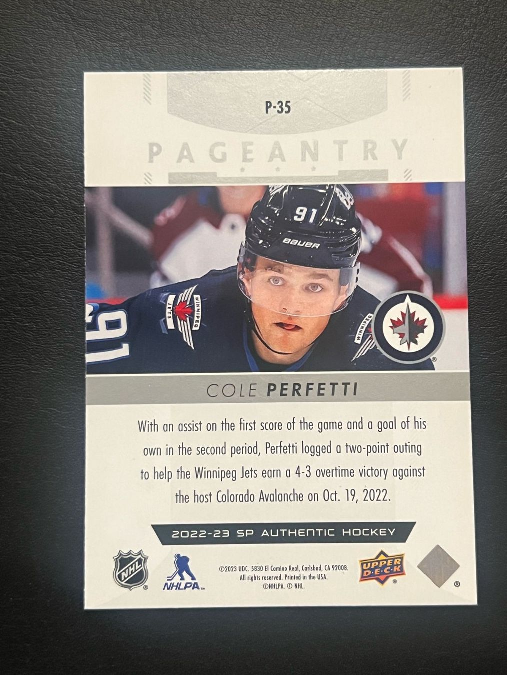 NHL Carte collezionabili: Cole Perfetti 2022 Pageantry Winnipeg Jets – Nuovo (secondo la descrizione) da Möhlin venduto da SwissHockeyCards 1