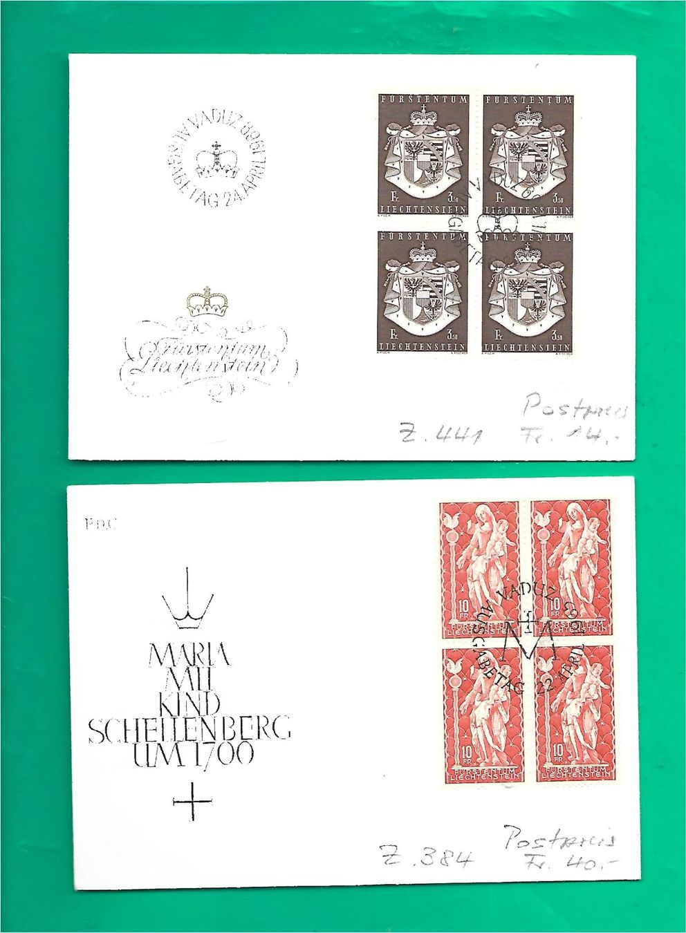 Tutti i francobolli: FL : 2 Viererblock - FDC's Nrn. 384 und 441 – Usato da Reinach BL venduto da eiche419