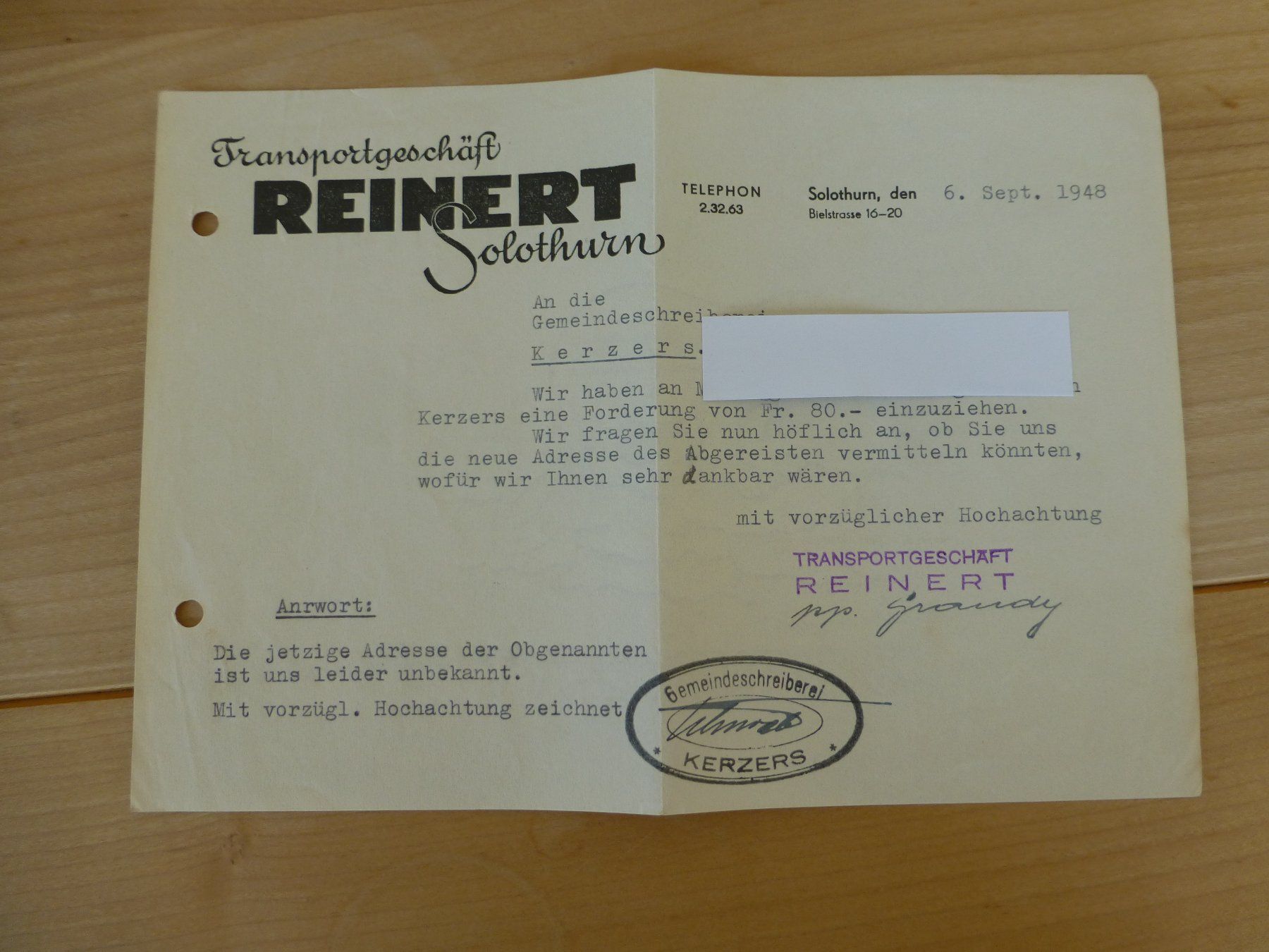 Dokumente: Kerzers/ Solothurn, 1948 – Gebraucht aus Bettlach von 1saurer