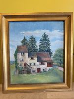 Oelgemälde Haus mit Tannen im Goldrahmen guter Zustand