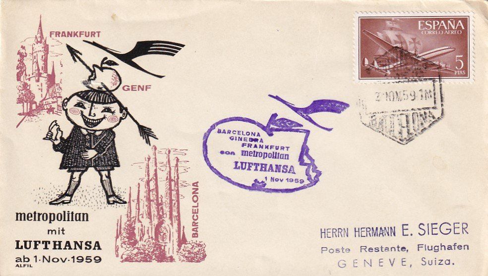 Alle Briefmarken: Erstflug Lufthansa Metropolitan Barcelona - Genf 1959 – Gebraucht aus Baar von Asmara111