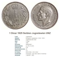 1 Dinar 1925 Serbien Jugoslawien UNZ