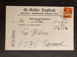 Schweiz 1921 Quittung St.Galler Tagblatt 25 Tell 155 orange