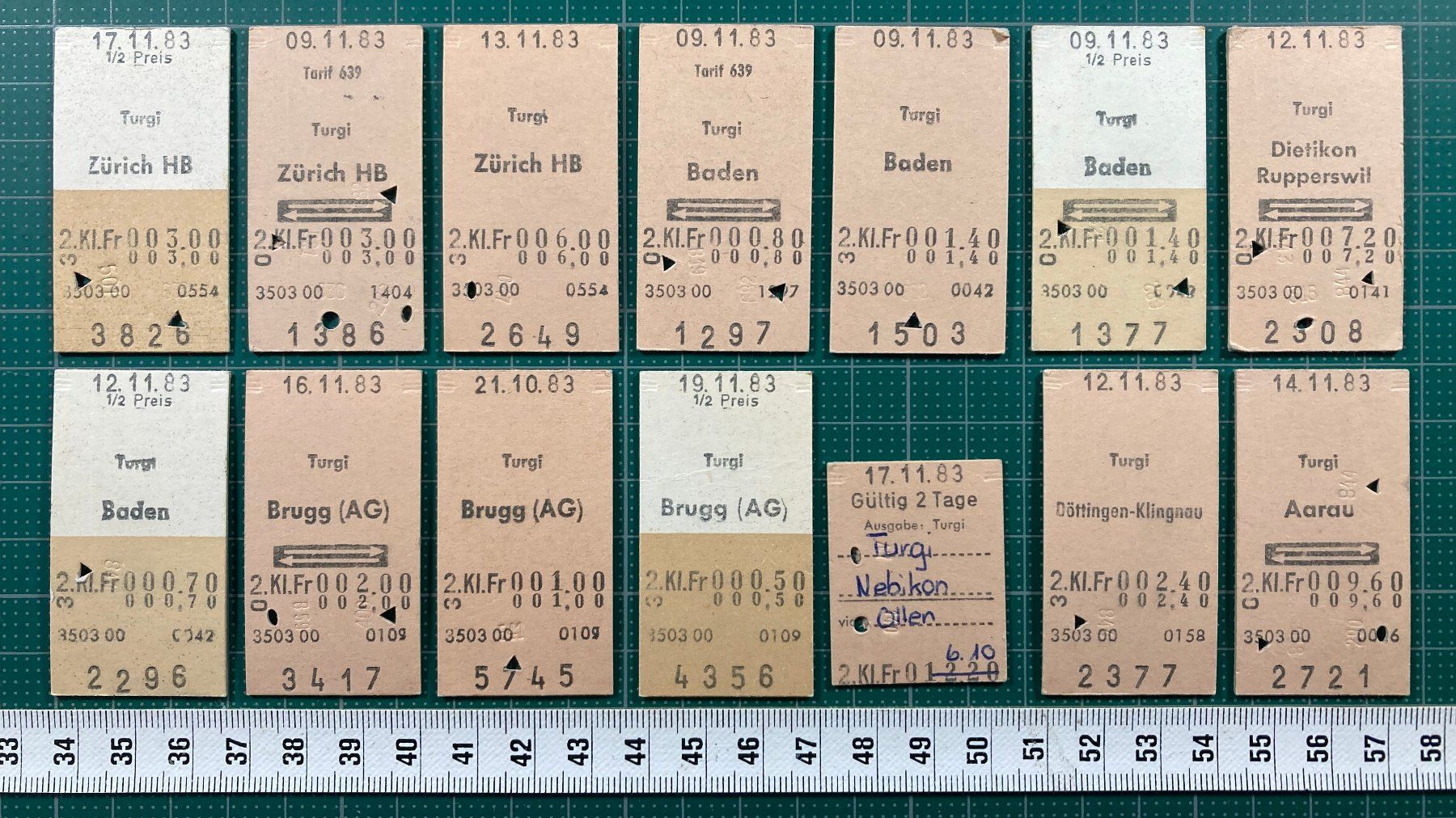Tickets: Turgi, 14 alte Edmondsonsche Bahn Billette, SBB – Gebraucht aus Lenzburg von fh1