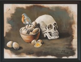 Olio su tela natura morta con teschio e uova, firmato!