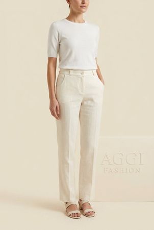 Aggi Fashion Pantalon 100% Lin Écru Droit T. M