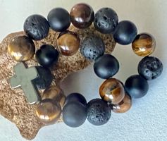 Edelsteinarmband Achat -Tigerauge - Lava mit Hämatit Kreuz