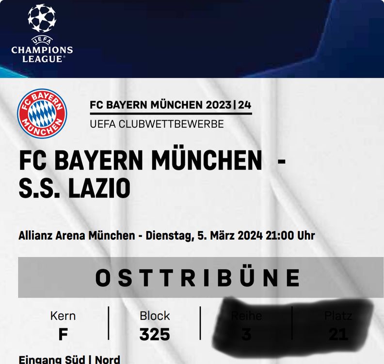 2Ticktets Champions League FC Bayern S.S. Lazio 05.03.2024 Kaufen