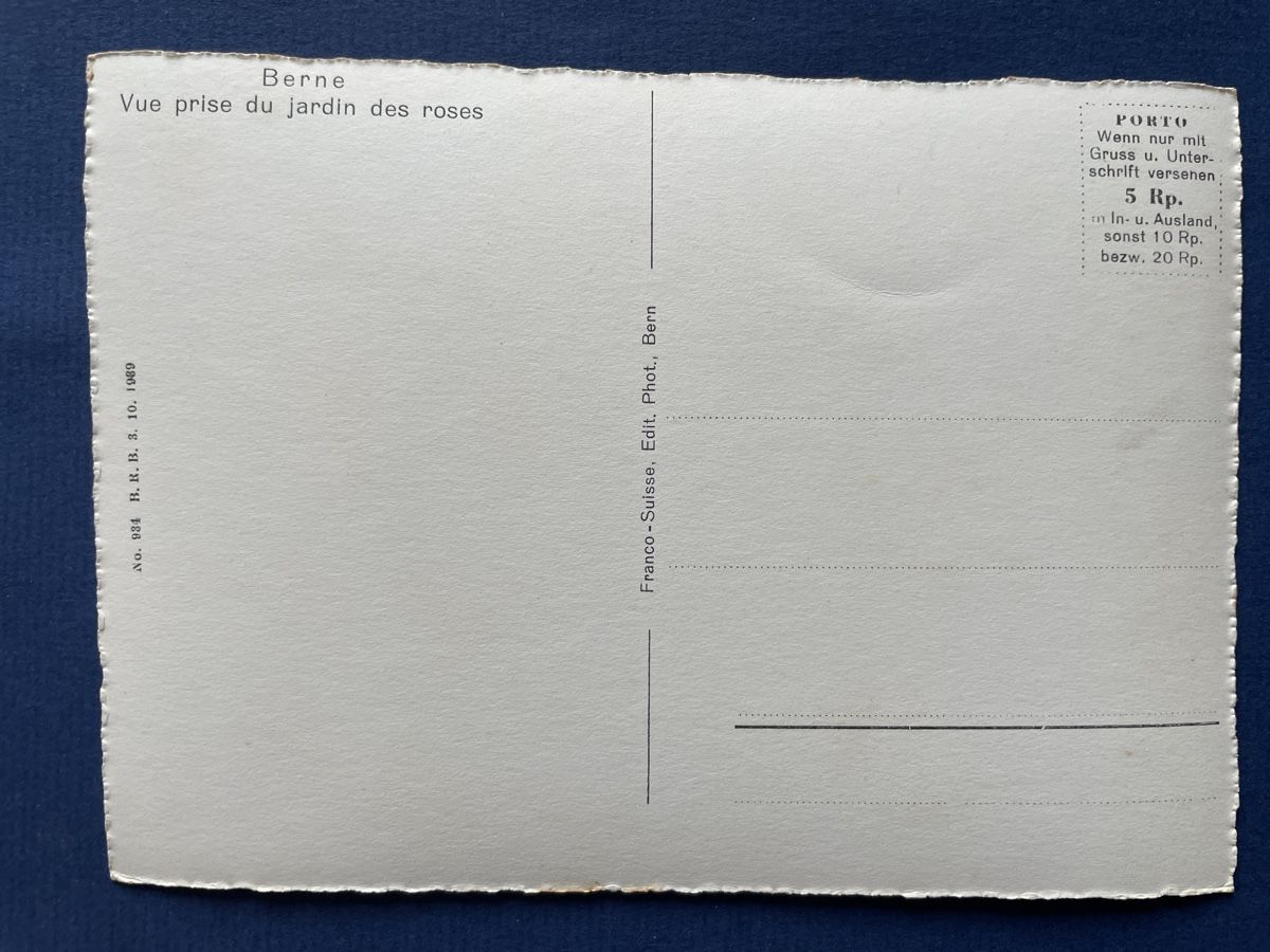 Cartoline postali: Alte Ansichtskarte von Bern, Rosengarten, 1939 Top – Usato da Neuhausen am Rheinfall venduto da Arielle55 1