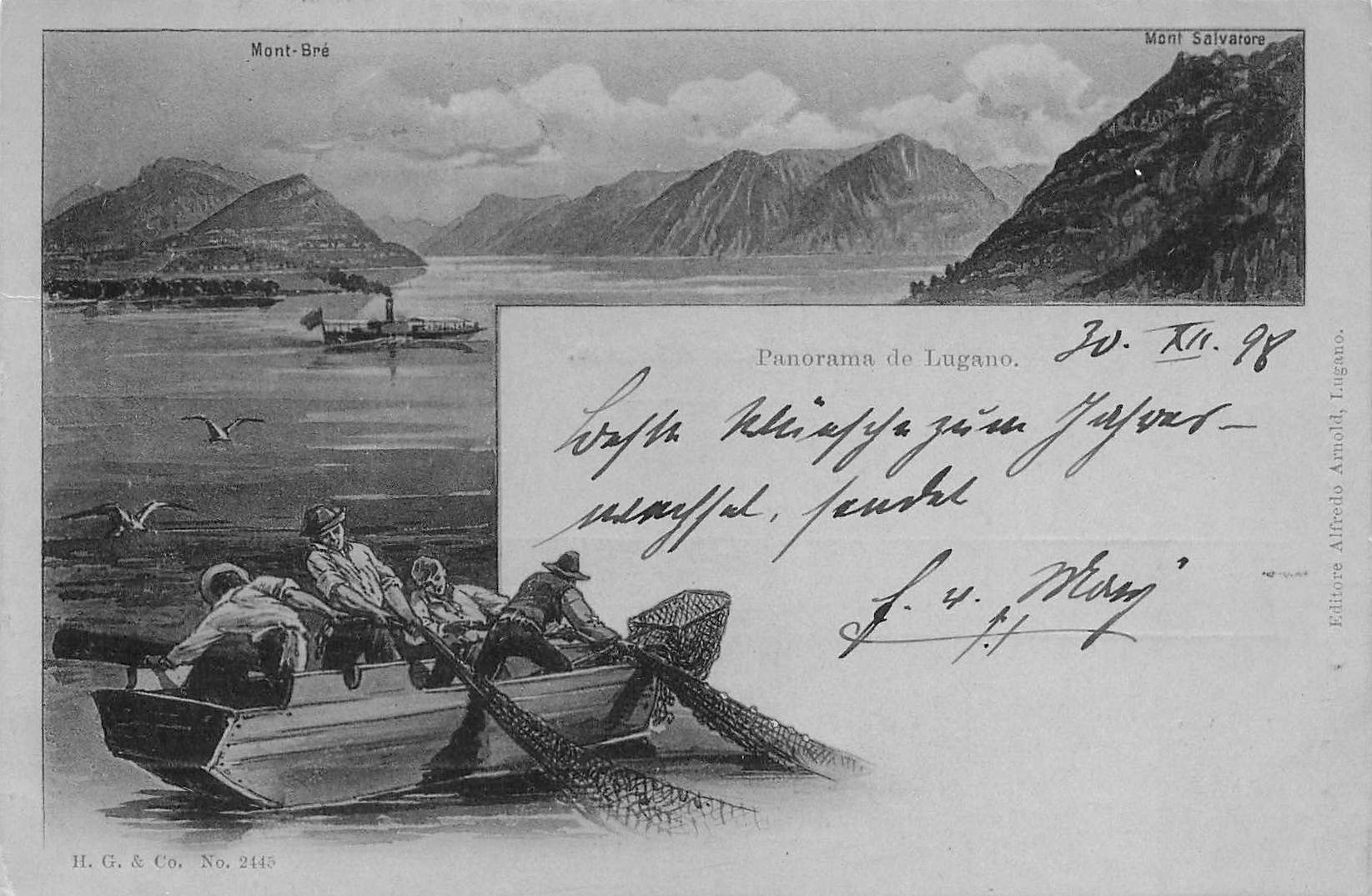 Ansichtskarten: Panorama Lugano 1898 animata pescatori – Gebraucht aus Biasca von Blenio71