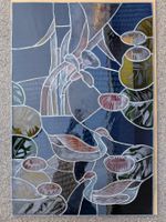 Grosses Glasbild Bleiglasfenster mit Seerosen&Enten signiert