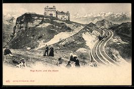 AK Rigi-Kulm, Besucher klettern auf dem Berg herum, Bergbahn