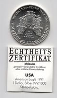 (1970) USA, 1 Dollar, 1991, 1 Unze, Eagle, mit Beschrieb