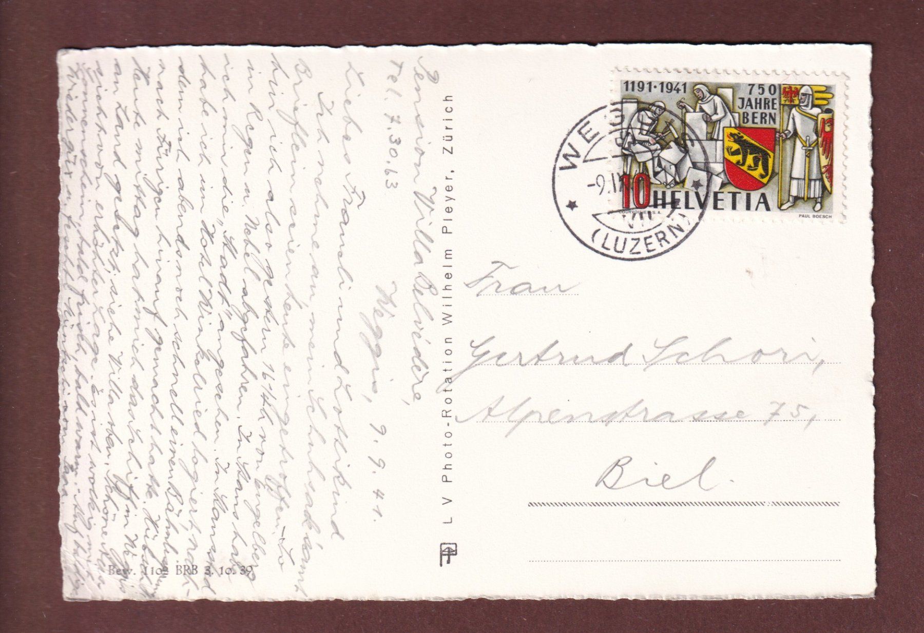 Cartoline postali: WEGGIS - Bürgenstock - Pilatus - 1941 // Eckbug // – Usato da Pully venduto da nicecards-shop 1