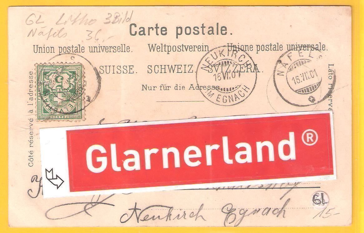 Cartoline postali: 16.7.1901 Glarner Litho 3-Bild "Gruss aus Näfels" – Usato da Zürich venduto da Hagliweg 3