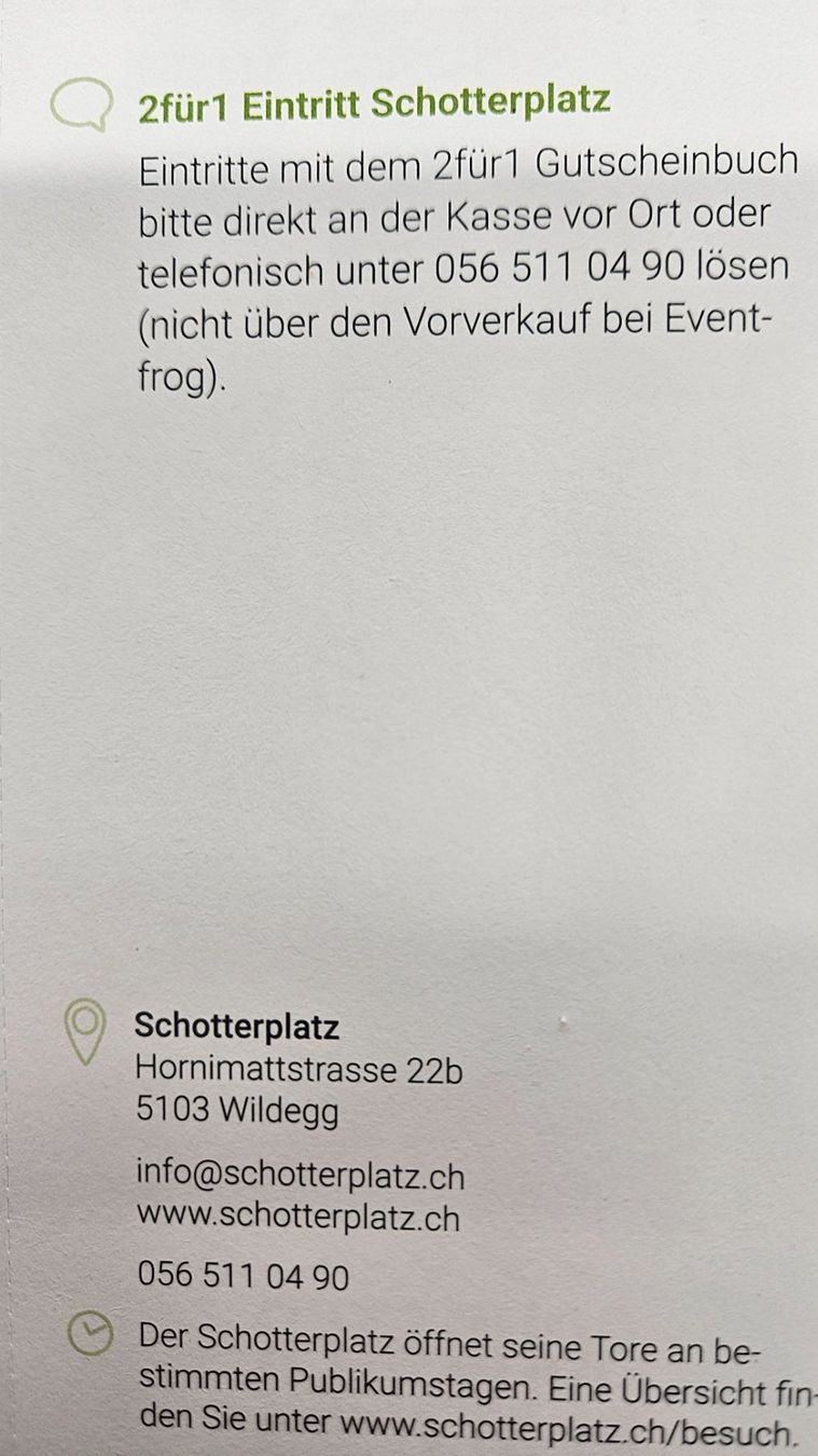 Buoni: Gratis Eintritt Schotterplatz Wildegg – Nuovo e nell'imballaggio originale da Uezwil venduto da Jasmin_ 1
