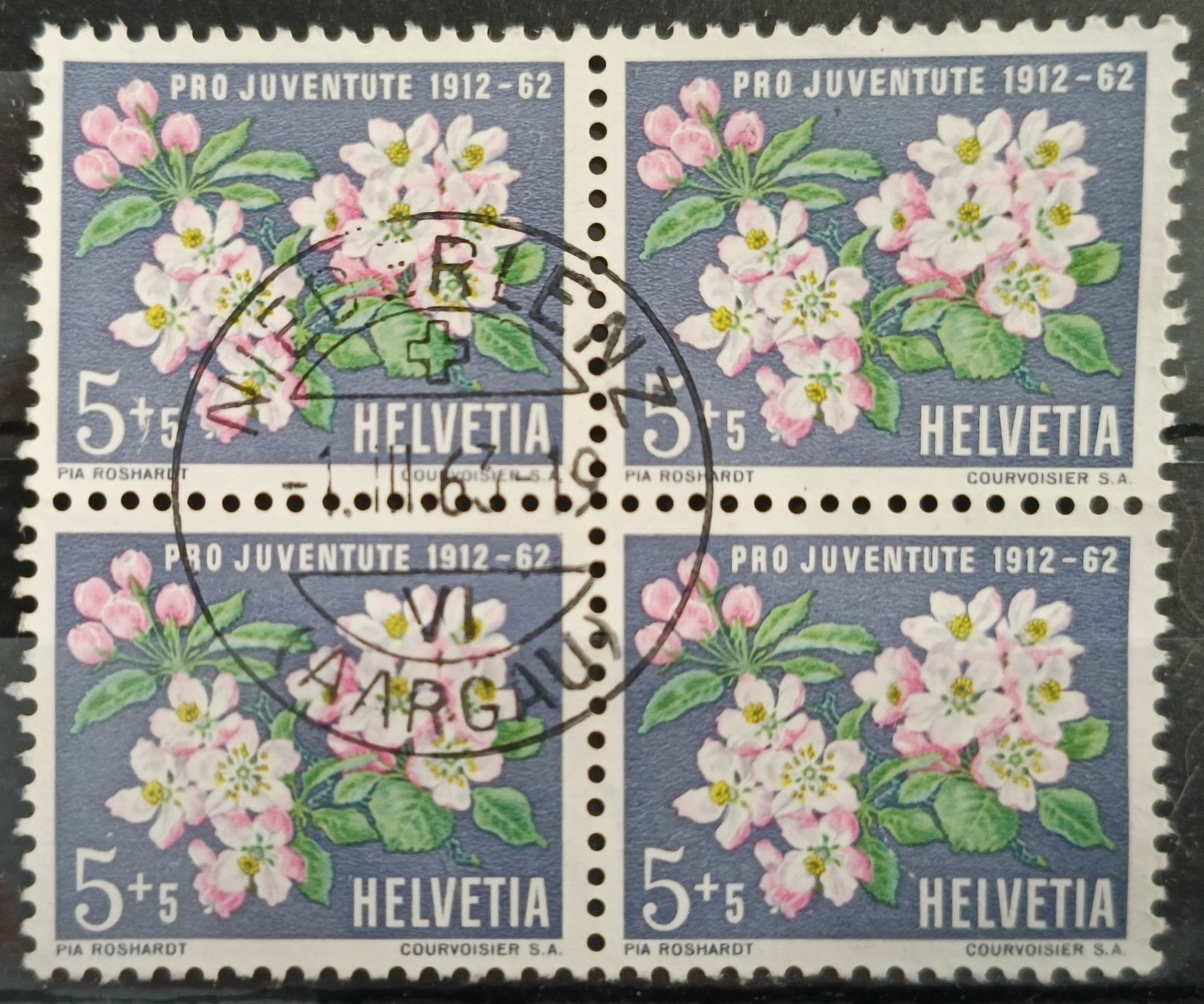 Alle Briefmarken: 1962 PJ Apfelblütenzweig Viererblock – Gebraucht aus Dübendorf von goeggi79