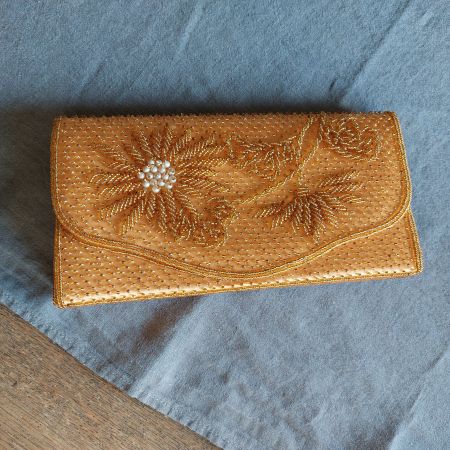 Cluch, Seide, Perlen bestickt handmade Hong Kong, 60er Jahre