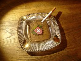 Seltener Schweizer Aschenbecher Kristallglas Golden verziert