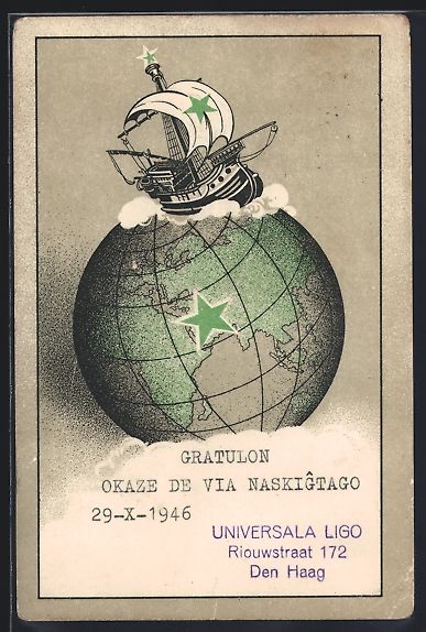 Cartoline postali: Segelschiff auf Globus, Esperanto, 1919 – Usato da Berlin venduto da bartko-reher
