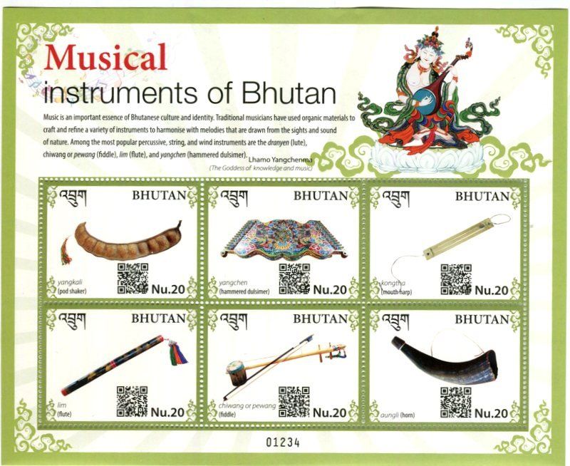 Tutti i francobolli: Block "Musikinstrumente". Bhutan – Nuovo e nell'imballaggio originale da Basel venduto da Butsch5