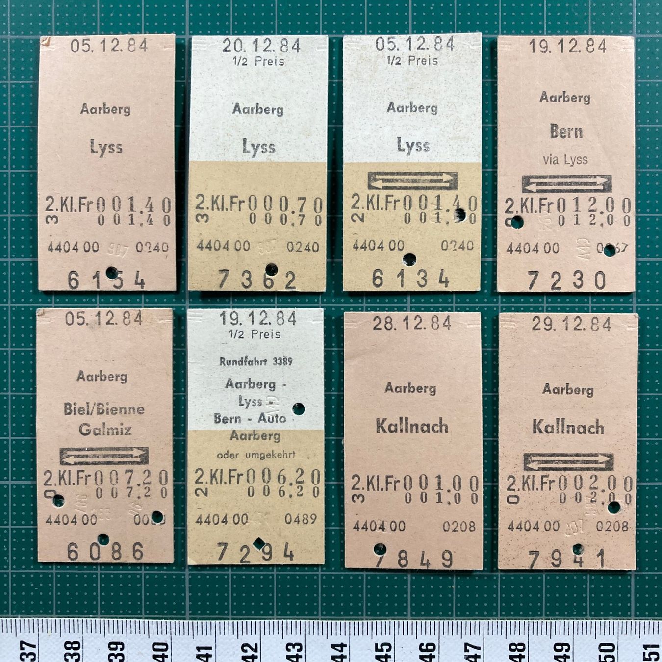 Tickets: Aarberg, 8 Edmonsonsche Karton Billette, 1984, SBB, Bahn – Gebraucht aus Lenzburg von fh1