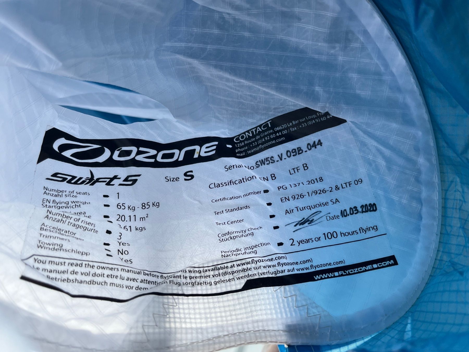 Ozone Sport dell'aria & Aquiloni: OZONE Swift 5 S – Usato da Oberwil b. Zug venduto da anc_69g5 1