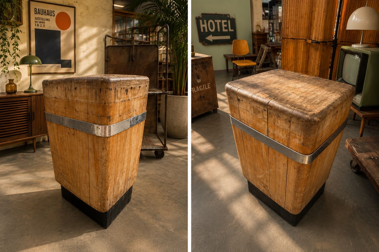 Cucine complete: Antiker Metzger-Hackblock – Massiver Fleischerblock – Usato da Fulenbach venduto da Annie.s_Mid_Century