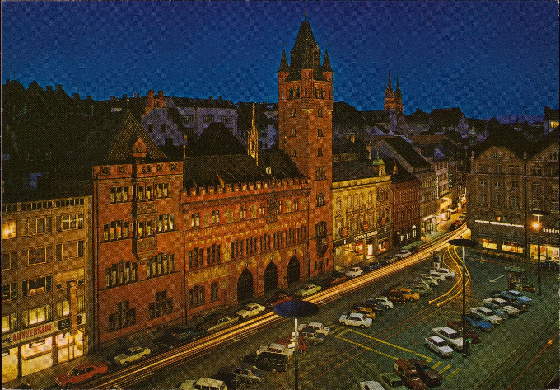Ansichtskarten: AK Basel - Marktplatz mit Rathaus bei Nacht – Gebraucht aus Eggersriet von stamp303