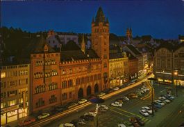 AK Basel - Marktplatz mit Rathaus bei Nacht