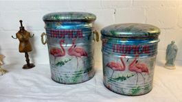2er Set Metallhocker Tropical Flamingo mit Deckel und Henkel
