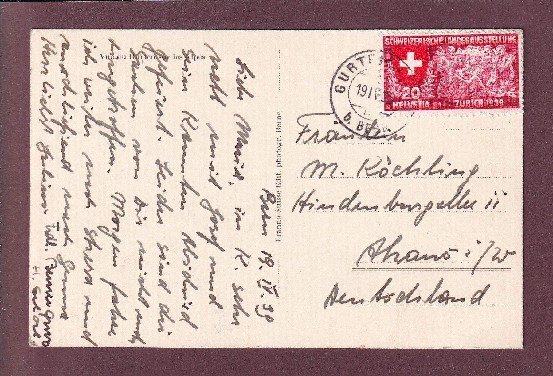 Cartoline postali: GURTEN-KULM - Alpen - 1939 – Usato da Pully venduto da nicecards 1