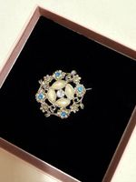 Vintage Brosche Edelstahl mit Perlen & blauen