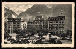 AK Grindelwald, Hotel Bär mit Anlagen, Fontäne