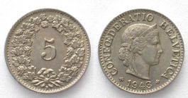EIDGENOSSENSCHAFT 5 Rappen 1943 Ku-Ni ERHALTUNG! unz