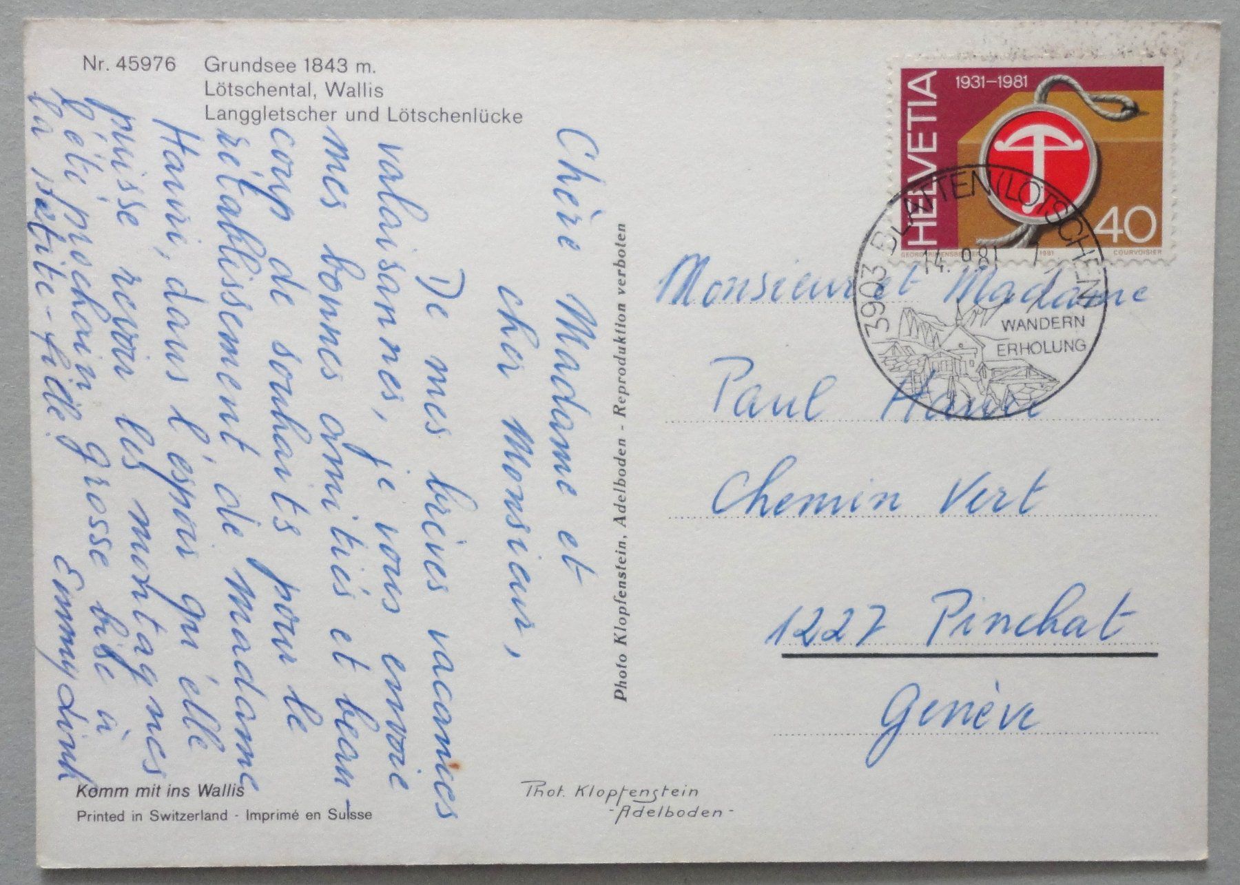 Cartoline postali: Grundsee 1843 m, Lötschental – Usato da Fétigny venduto da Billy2miny 1