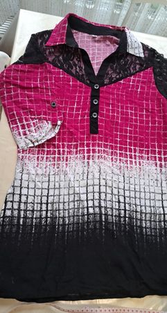 Chic Pink & Black Checkered Shirt w/ Lace Detail - Size s