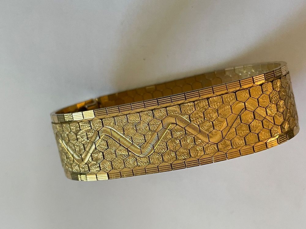Bracelet Ancien Maille Jonc Tank - Plaqué Or 18k 750 - Émaux Noir - Style Art Nouveau