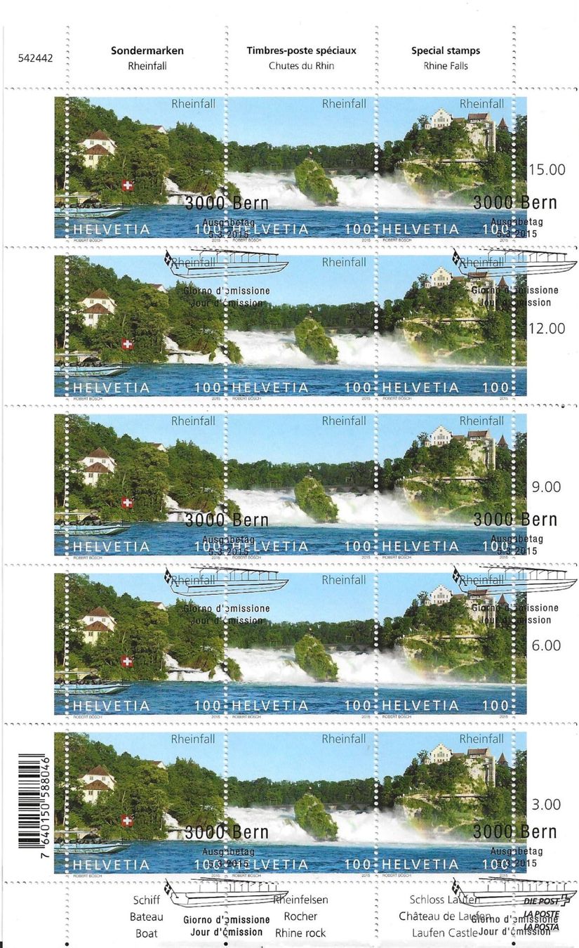 Alle Briefmarken: Kleinbogen Rheinfall 2015 Ersttag – Gebraucht aus Zürich von Philacat11