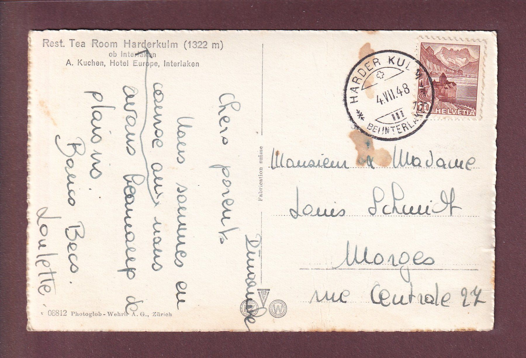 Cartes postales: HARDERKULM - Terrasse - Jungfrau - 1948 – D'occasion à Pully par nicecards 1