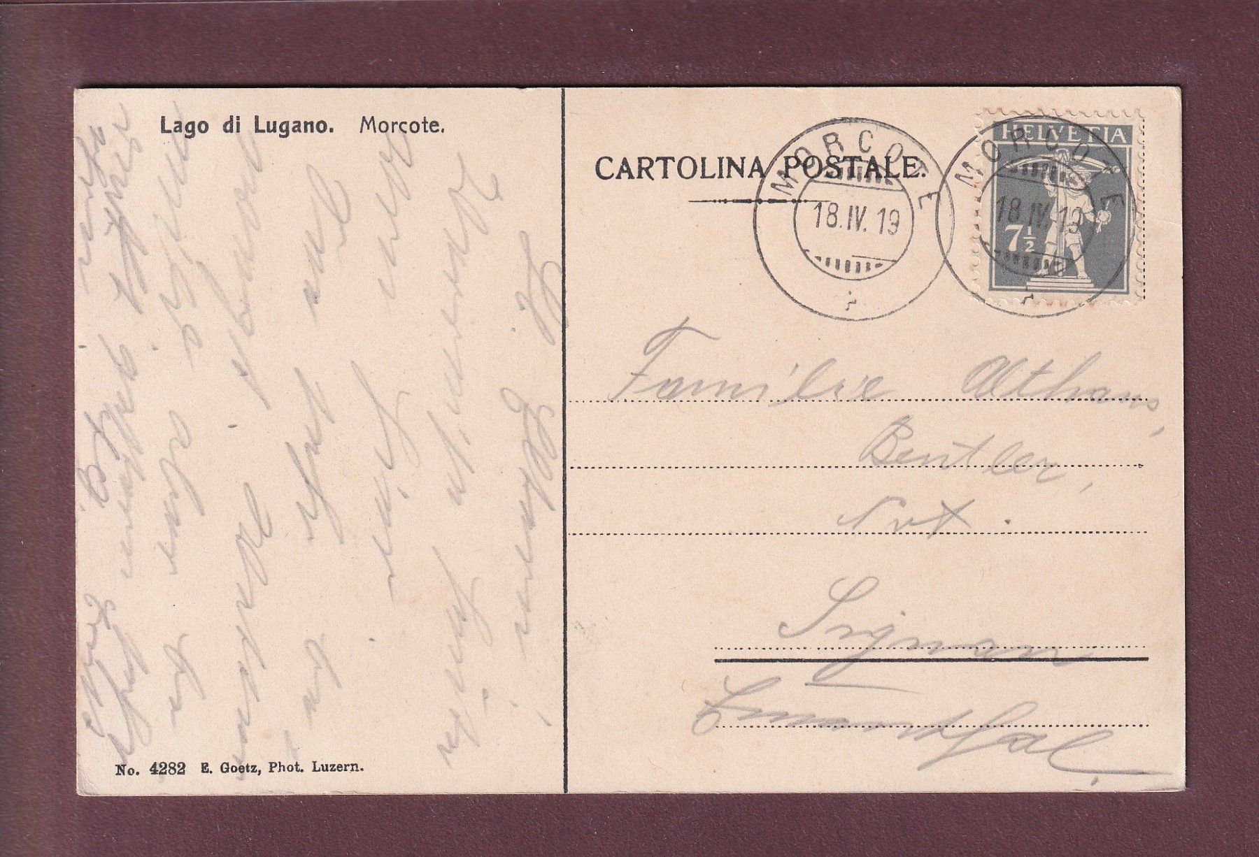 Cartoline postali: MORCOTE - Barca - 1919 – Usato da Pully venduto da nicecards 1