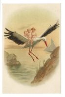 Geburt - Storch bringt Nachwuchs - Drillinge - Litho um 1900