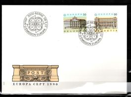 1990 - FDC / Europamarken - Postgebäude Luzern + Genf