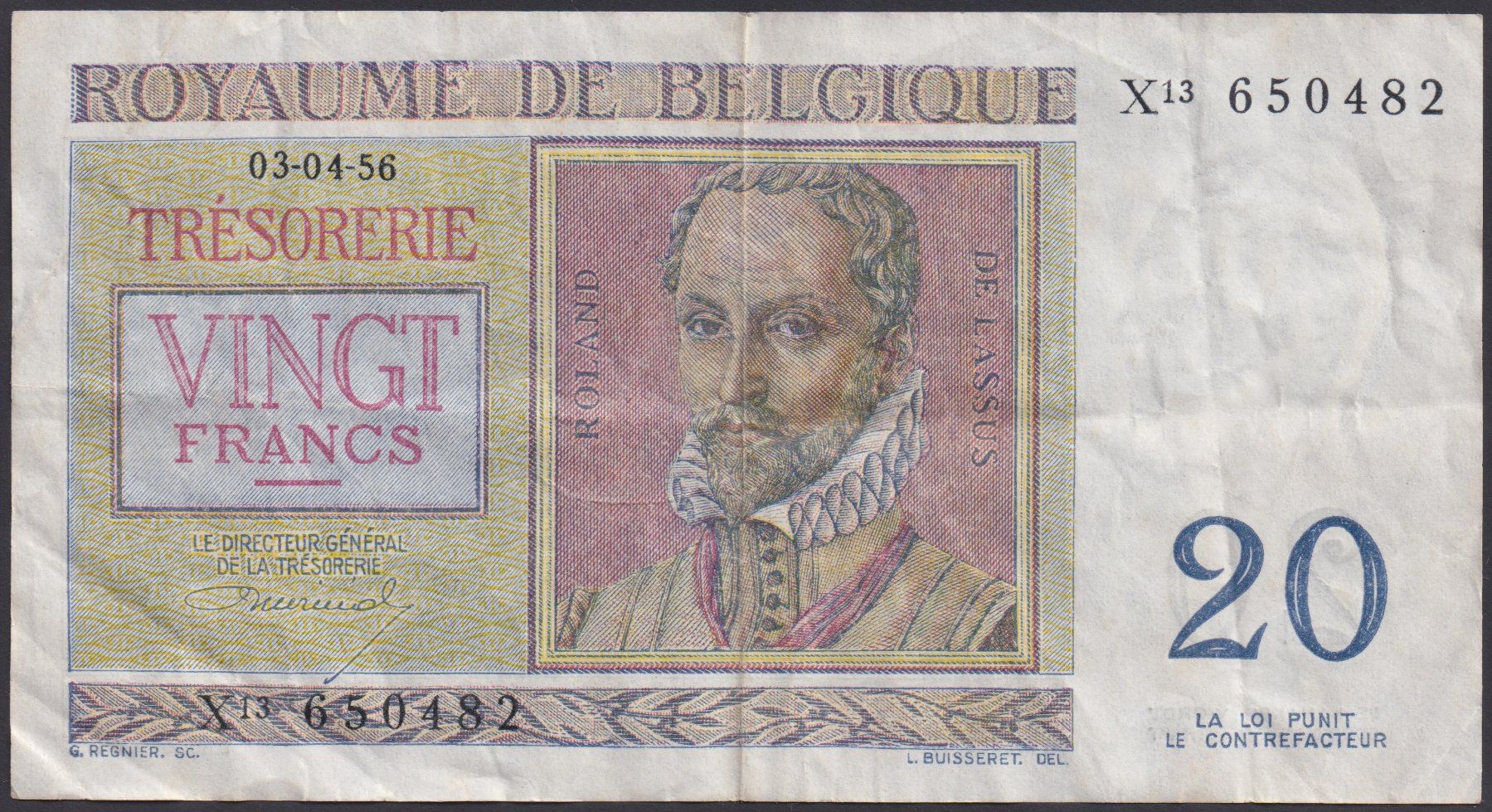 Banknoten: Belgien 20 Francs 1956 – Gebraucht aus Brugg AG von banknoten_muesli