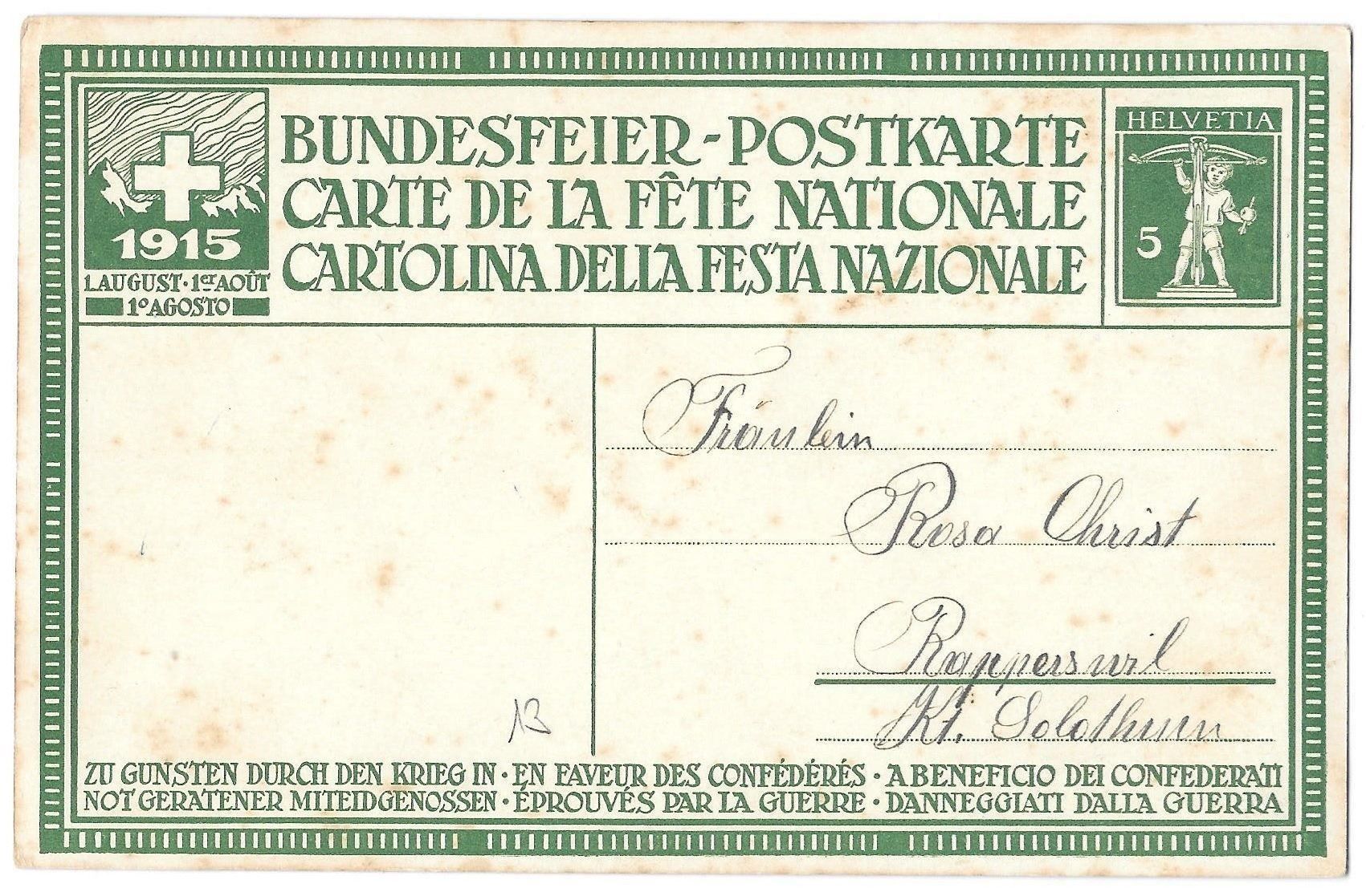 Tutti i francobolli: Bundesfeier-Postkarte Nr. 13 ** 1915 – Usato da Olten venduto da clotaldi 1