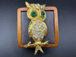 Vintage Brosche Eule Strass
